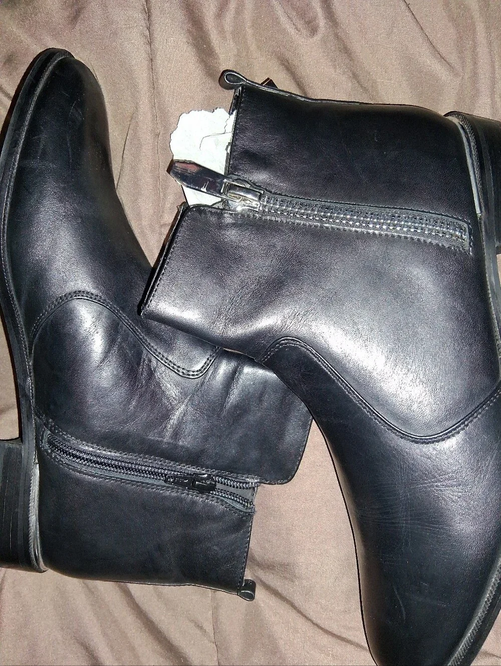 Women's Black Leather Ankle Booties with Side Zipper and Metallic Heel Trim